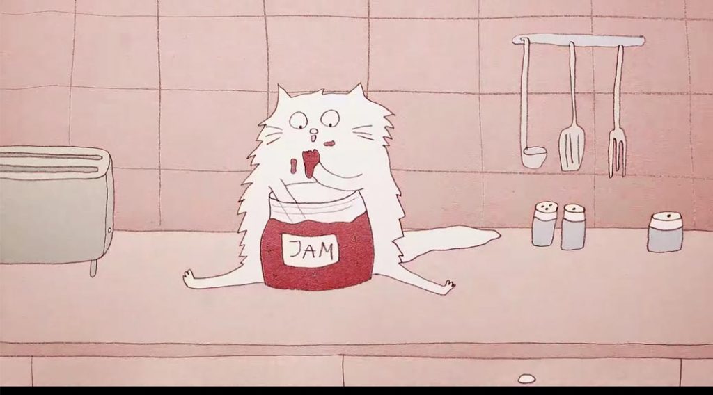 A cartoon cat sitting on a counter eating jam