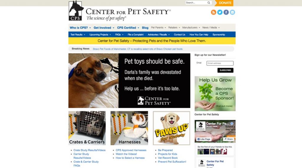 Center for Pet Safety home page screen shot