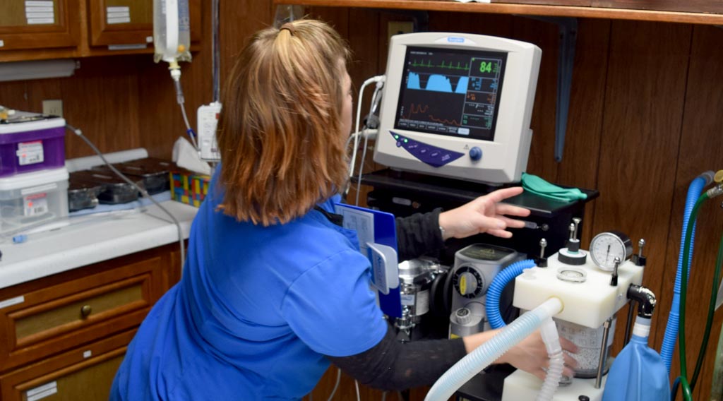 Technician monitoring anesthesia equipment