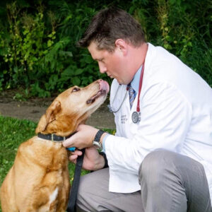 Jeff Sutarik, DVM with a brown dog