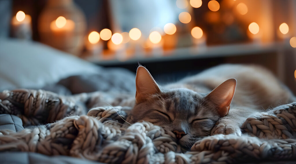 Cat sleeping on a blanket with candles burning in the background